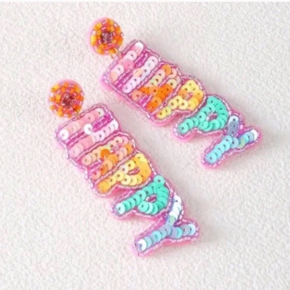 ❤️❤️ FREE Rainbow Happy Sequin Long Drop Hipster Chic Art Artsy Modern Earrings - Picture 2 of 5